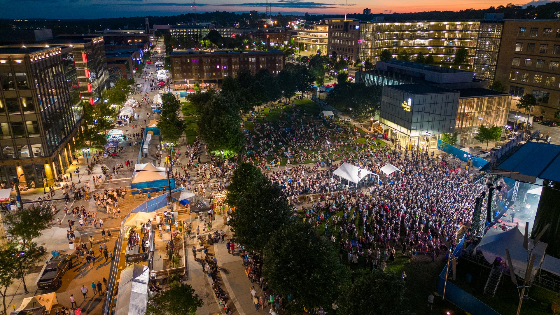 Overhead drone shot of large crowd at a Music Festival in Downtown Des Moines