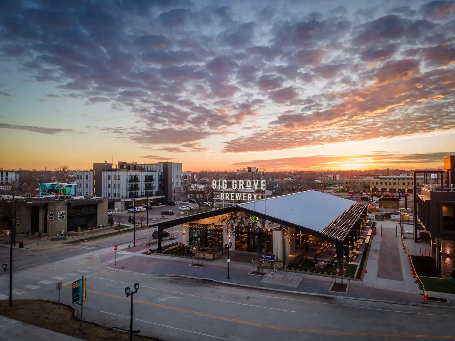 Big Grove Brewery at sunset in cedar rapids iowa