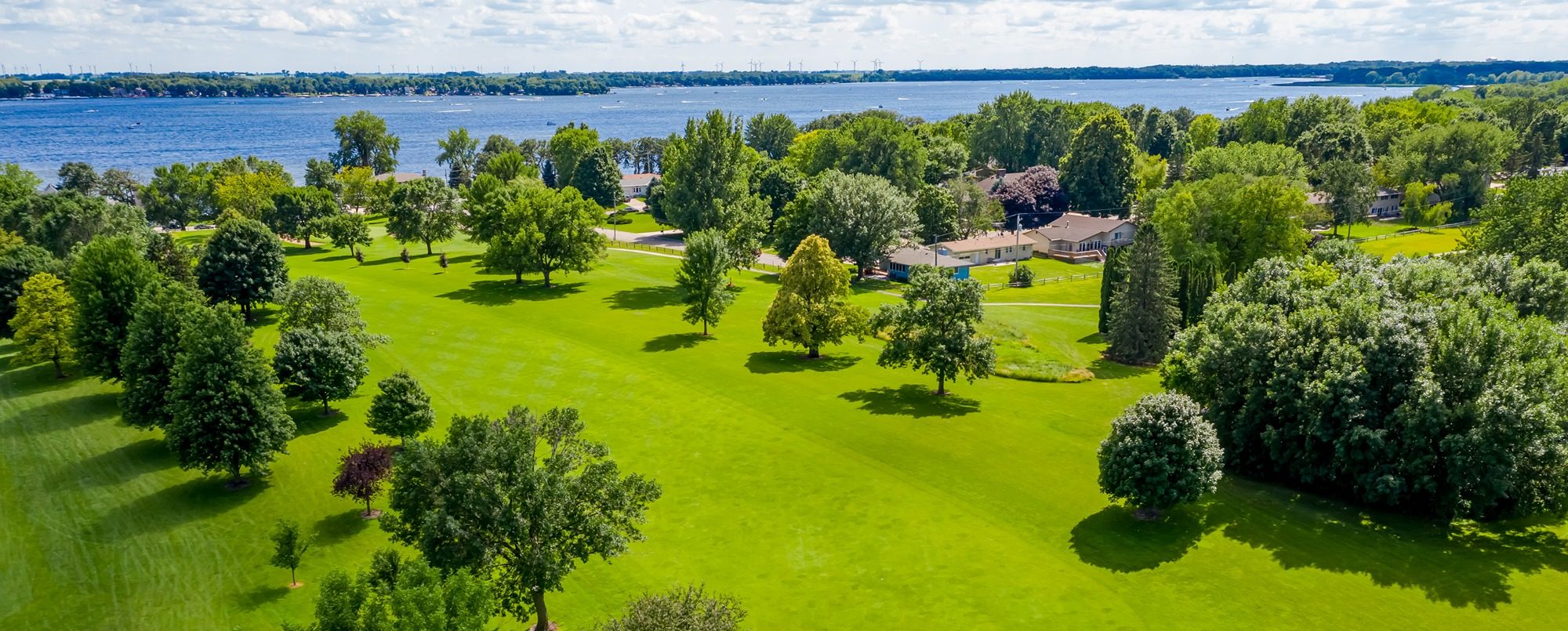 Overhead shot of golf course and lake in Clear Lake Iowa