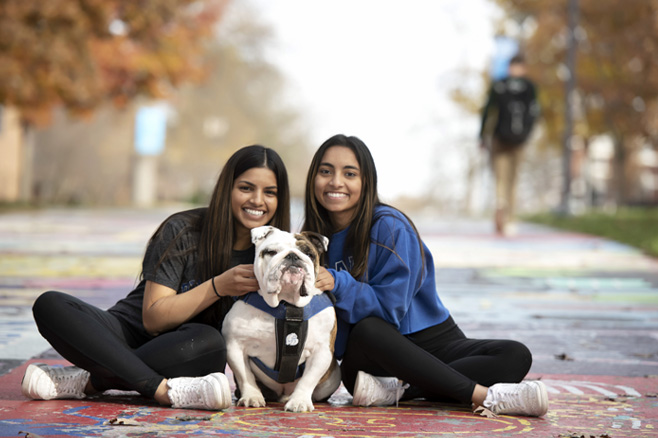 Two students holding a bulldog on the painted sidewalk of Drake University's campus.