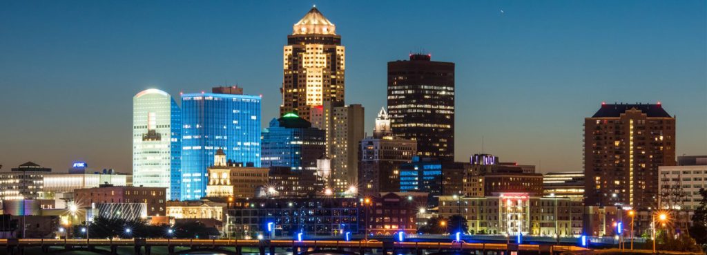 Night cityscape of downtown Des Moines.