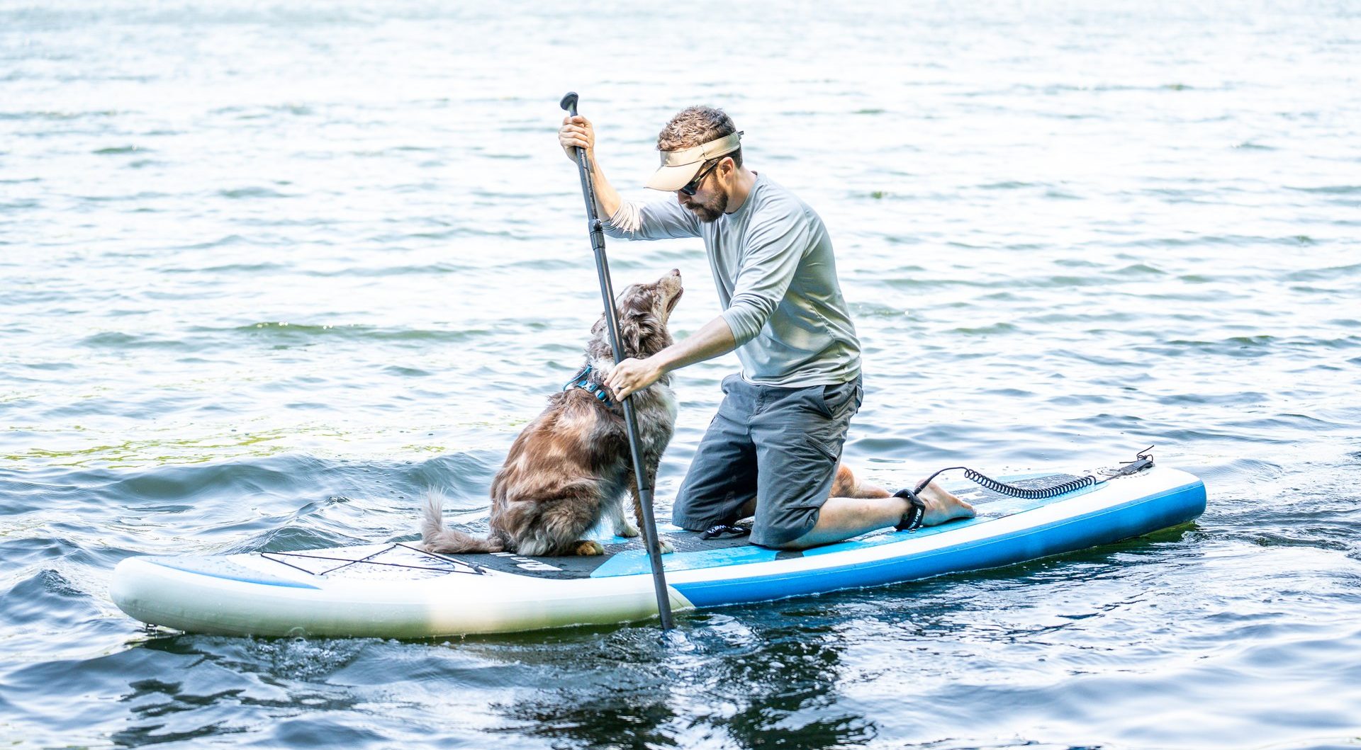 Man and dog floating on a paddleboard